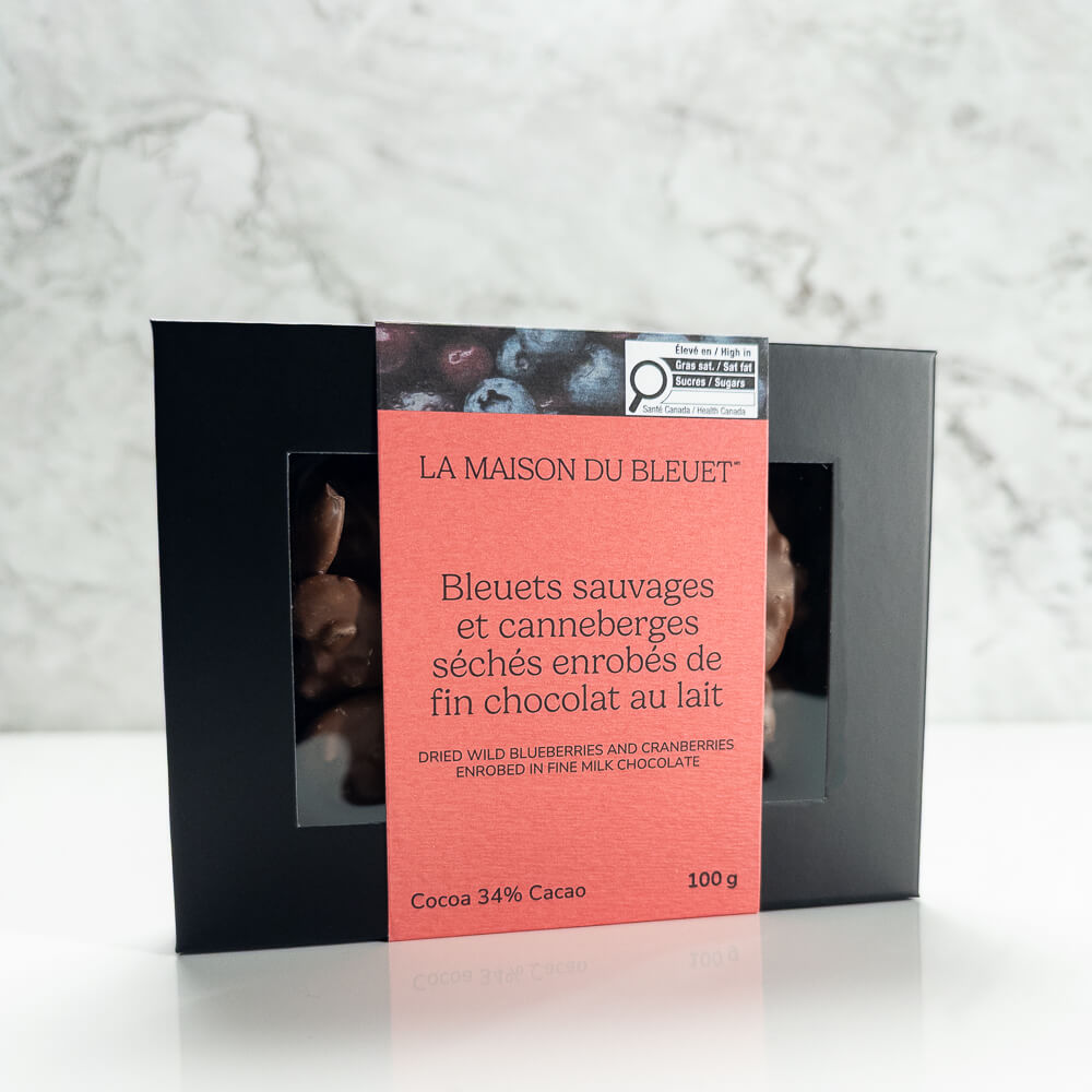 Boîte de bleuets et canneberges enrobés de chocolat – 100 g