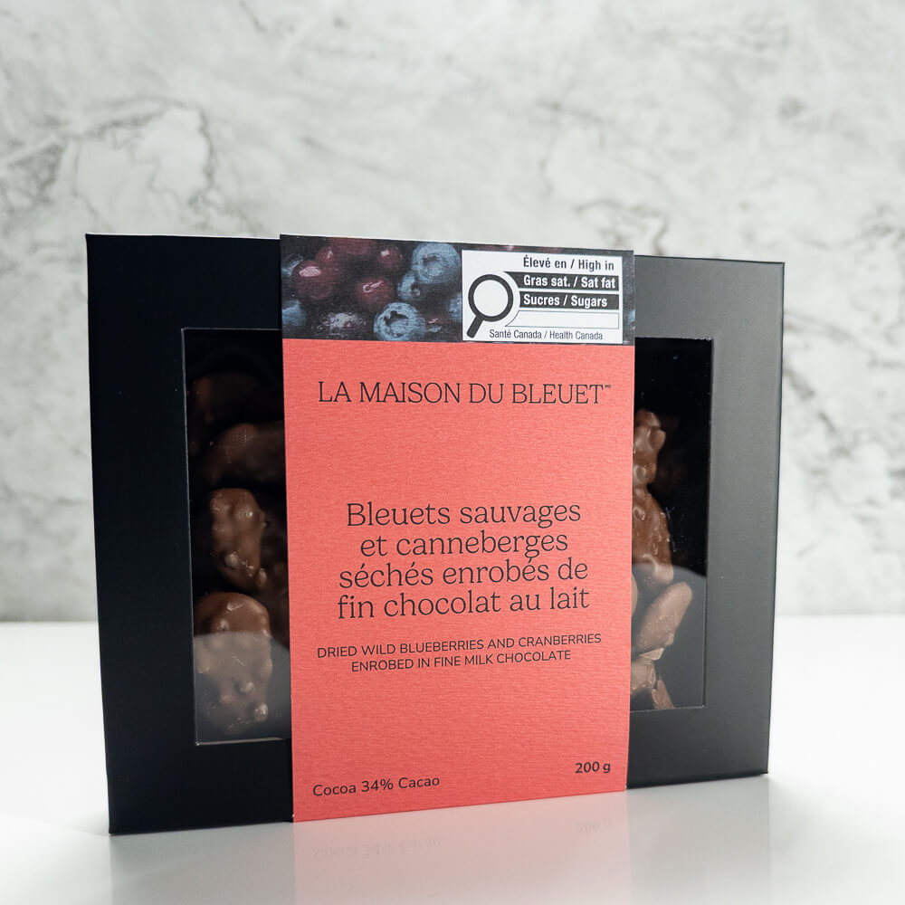 Boîte de bleuets et canneberges enrobés de chocolat – 200 g