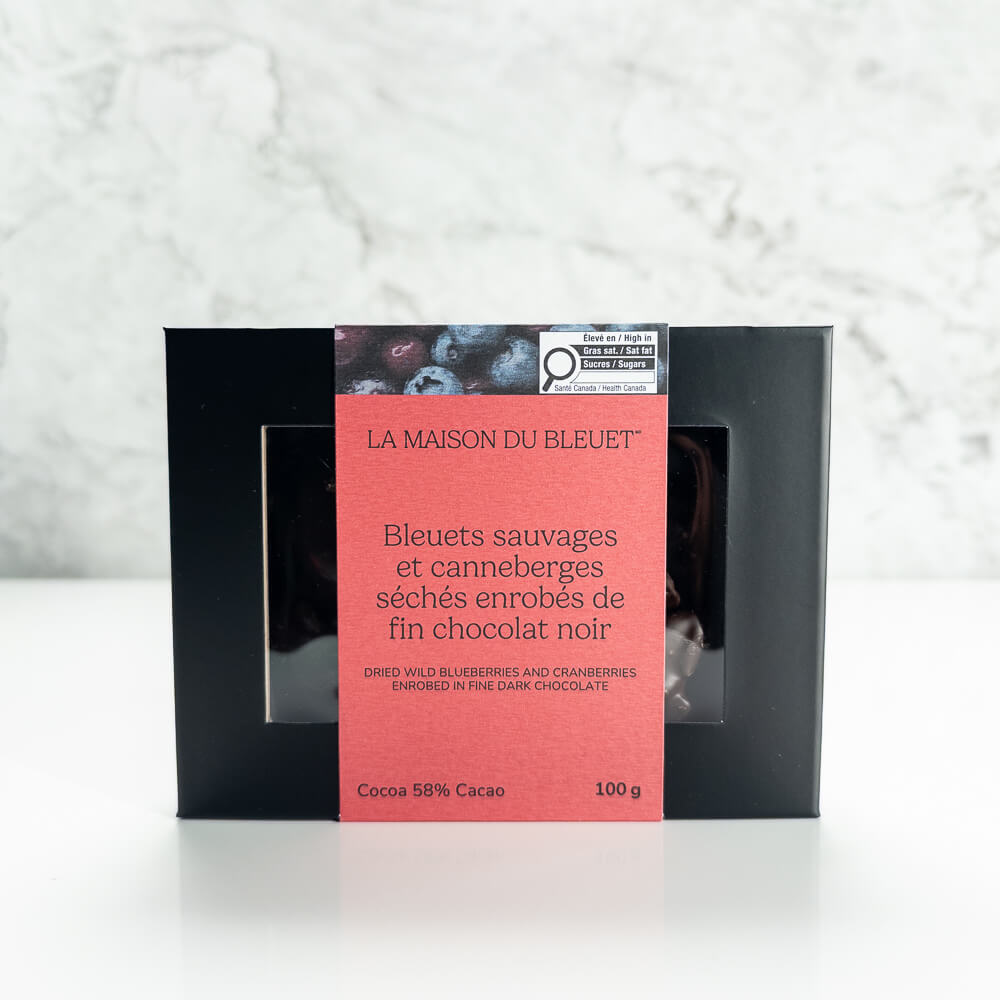 Boîte de Bleuets et canneberges enrobés de chocolat noir 100 g
