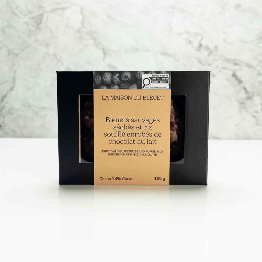 Boîte de bleuets séchés et riz soufflé enrobés de chocolat au lait – 100 g
