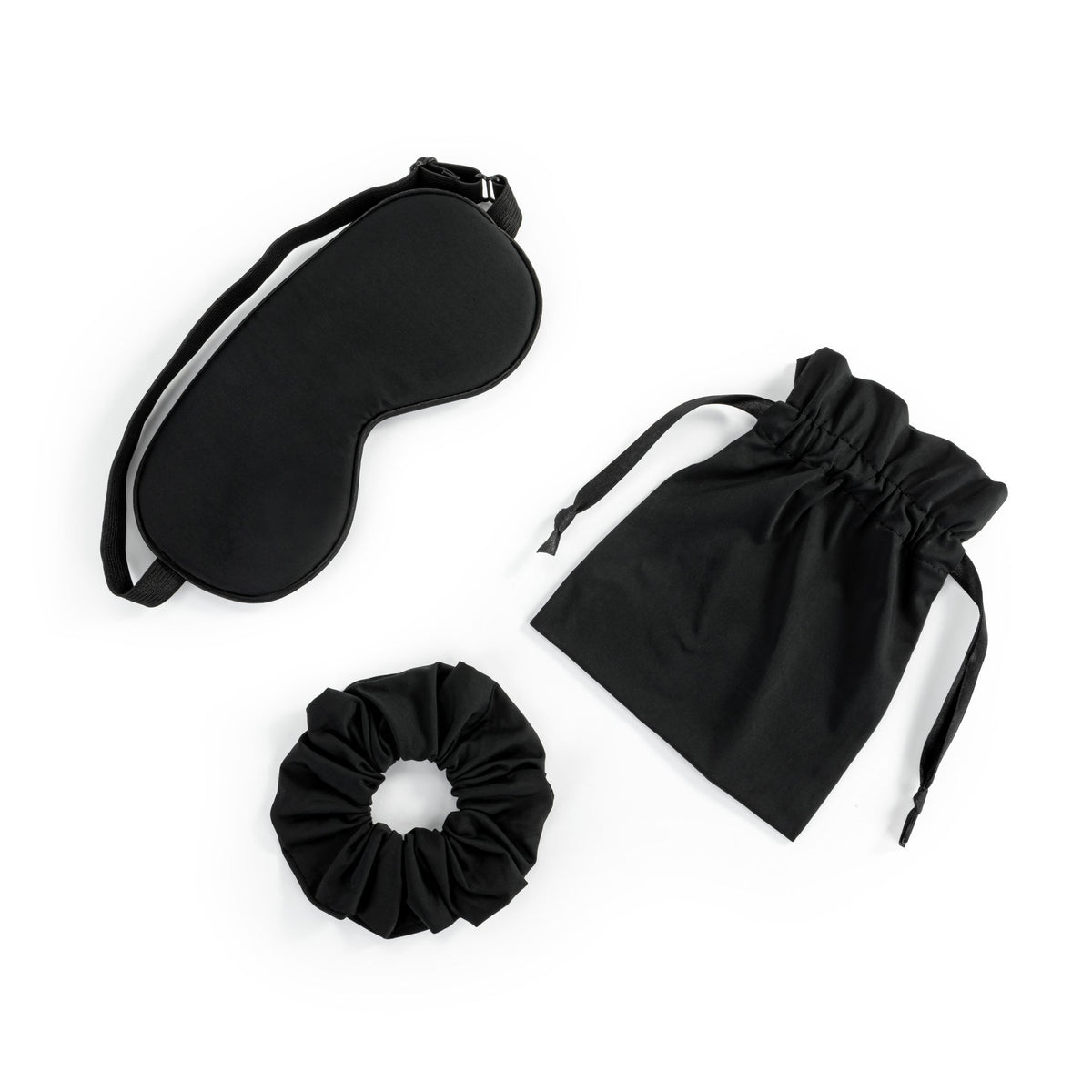 Ensemble noir avec masque de sommeil, chouchou et pochette