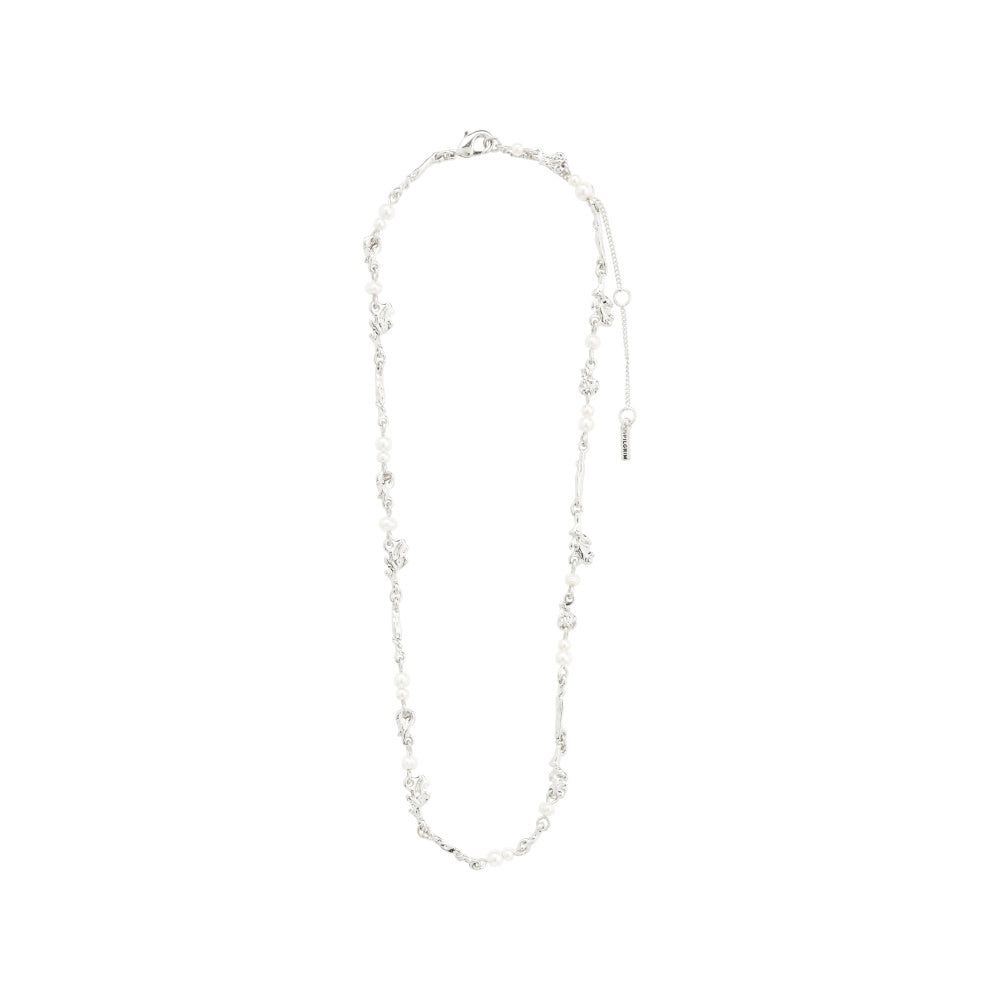Collier argenté à petits éléments espacés, présenté à plat