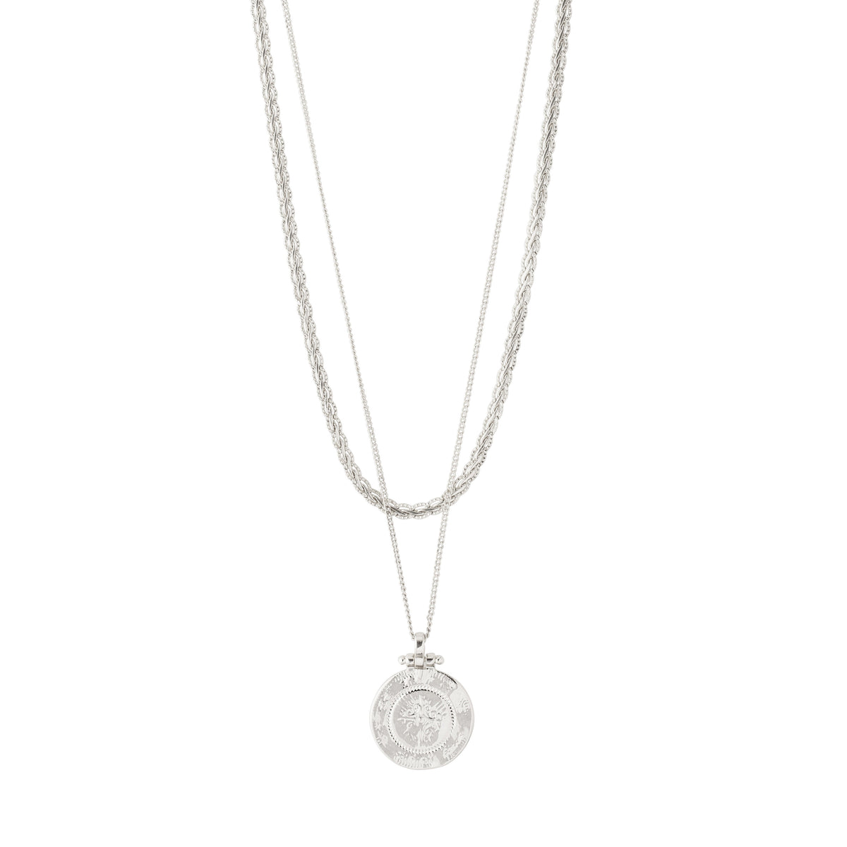 Collier argenté à deux chaînes avec médaillon rond