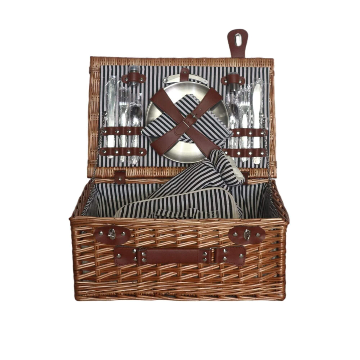 Panier de pique-nique en osier ouvert avec accessoires