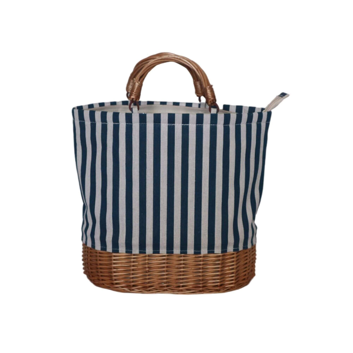 Sac à fond en osier et tissu rayé bleu et blanc