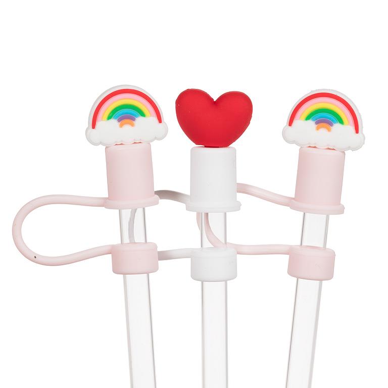 3 pailles jumbo avec embouts arc-en-ciel et cœur