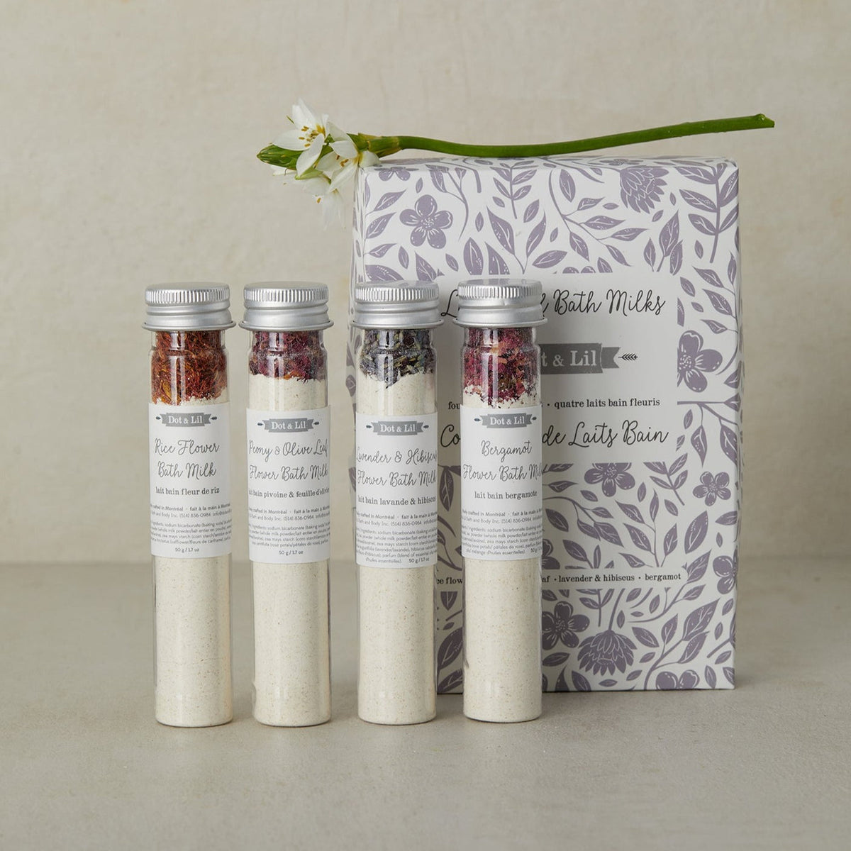 Coffret de quatre tubes de produits pour le bain Dot & Lil
