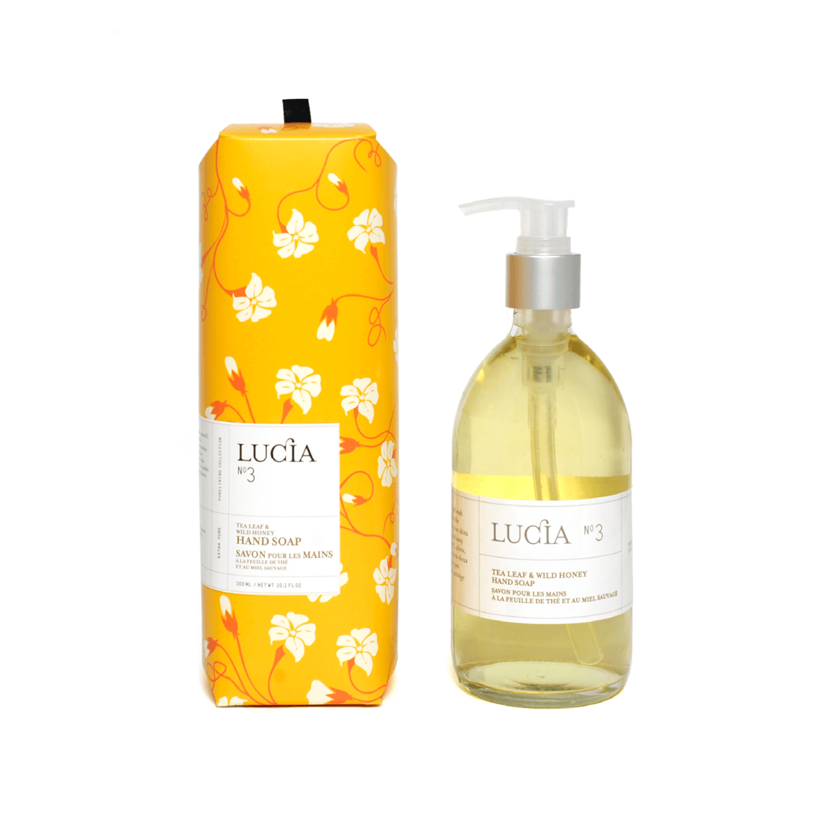 Savon liquide Lucia avec emballage jaune fleuri