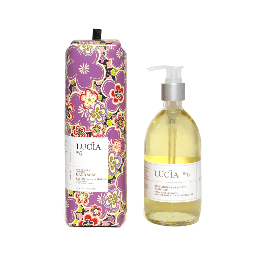 Savon liquide Lucia avec emballage mauve fleuri