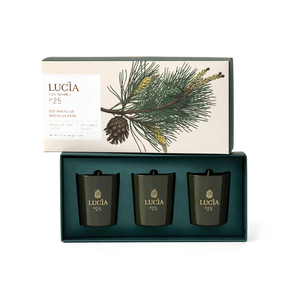 Coffret de trois bougies Pin Douglas de Lucia