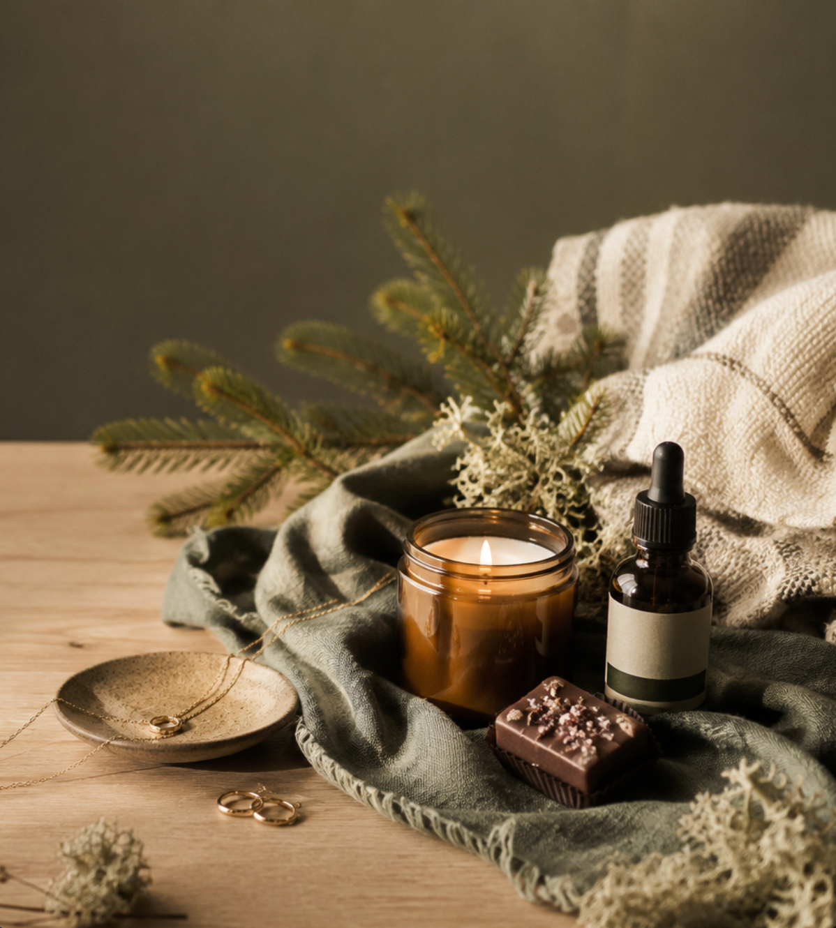 Bougie, flacons et accessoires dans un décor naturel