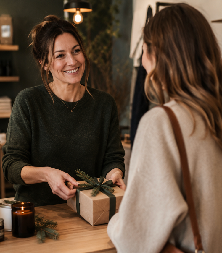 Commerçante souriante remettant un paquet à une cliente