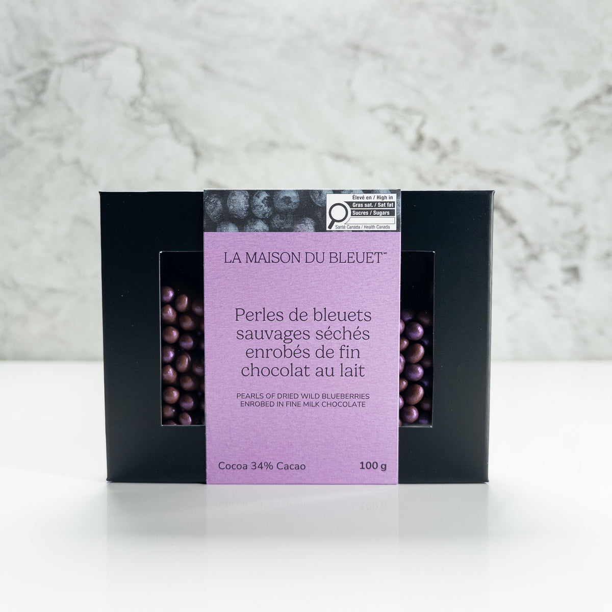Perles de bleuets sauvages séchés enrobés de chocolat au lait