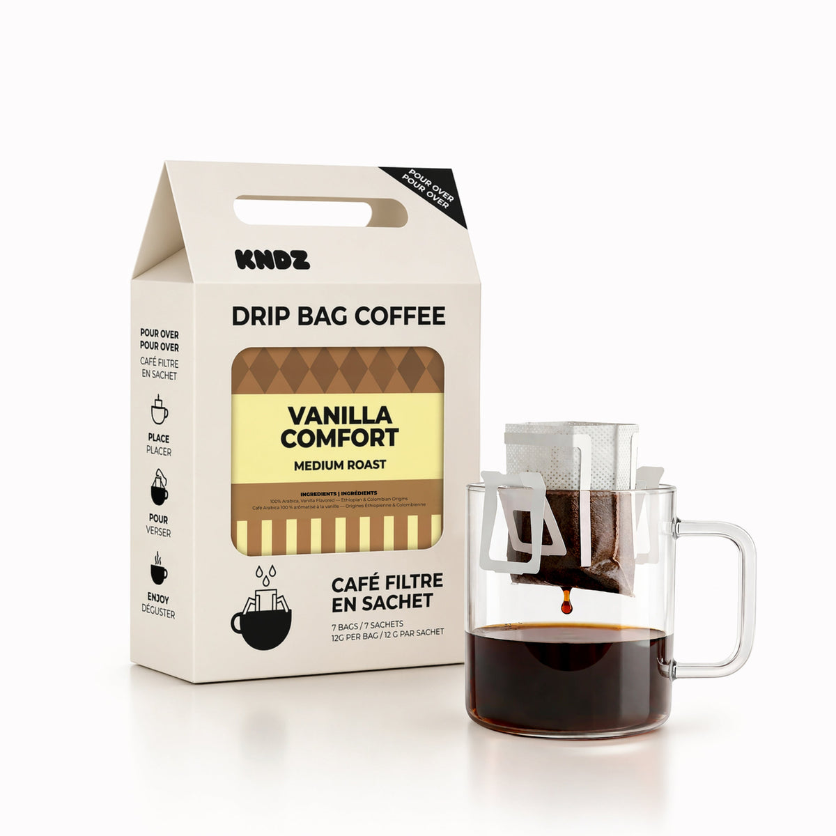 Café Vanilla Comfort de KNDZ — sachets-filtres individuels, sept portions