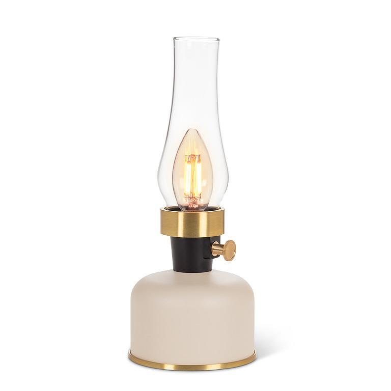 Lampe lanterne DEL ivoire, base en métal, détails dorés et cheminée en verre transparent