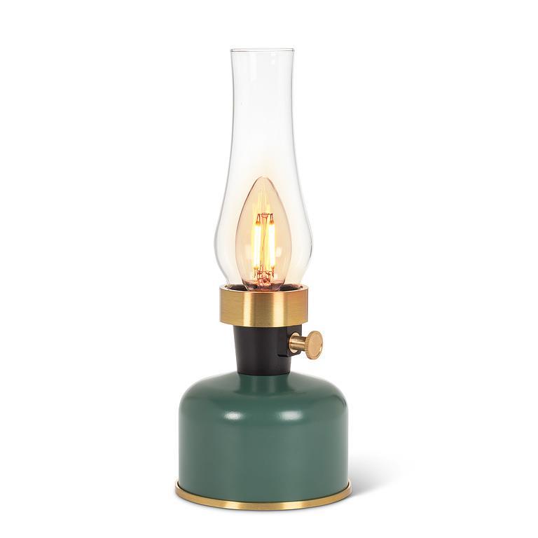 Lampe lanterne DEL verte, base en métal, détails dorés et cheminée en verre transparent
