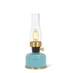 Petite lampe lanterne DEL bleu océan avec base en métal et cheminée en verre transparent