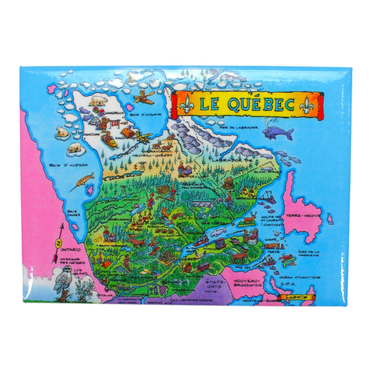 Aimant Carte du Québec, illustration touristique et repères géographiques