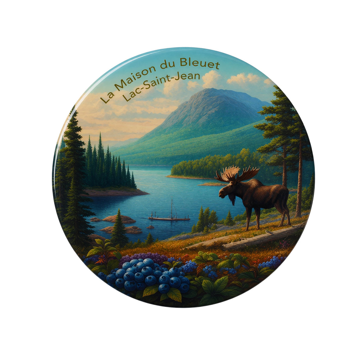 Aimant-décapsuleur du Lac-Saint-Jean, paysage avec orignal et bleuets