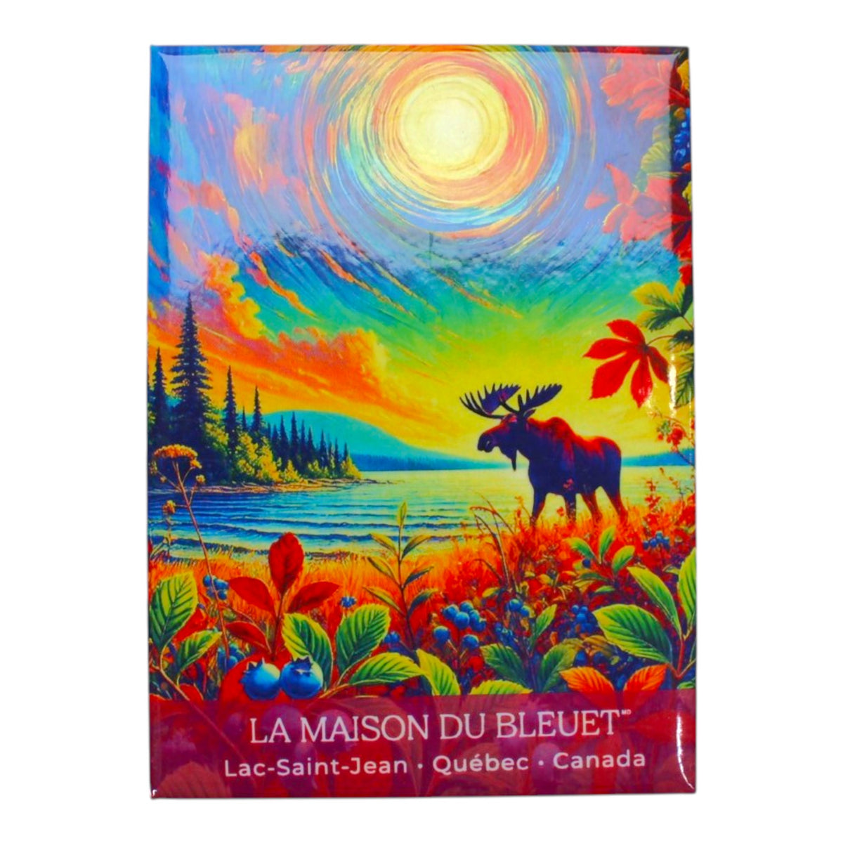 Aimant souvenir du Lac-Saint-Jean, orignal et paysage aux touches colorées