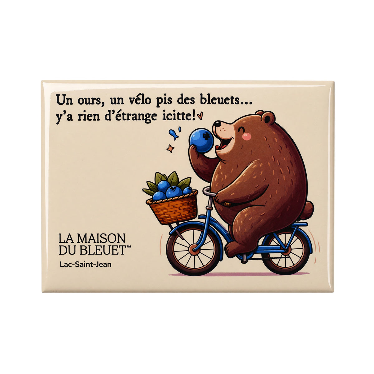 Aimant souvenir du Lac-Saint-Jean, ours à vélo et illustration humoristique