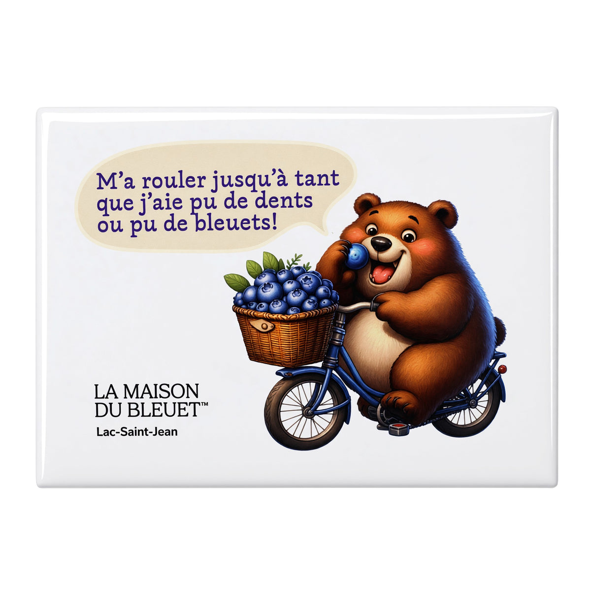 Aimant souvenir du Lac-Saint-Jean, ours à vélo et panier de bleuets