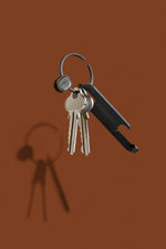 Anneau porte-clés à ouverture rapide Orbitkey Ring v2 — anneau argenté avec clés sur fond brun