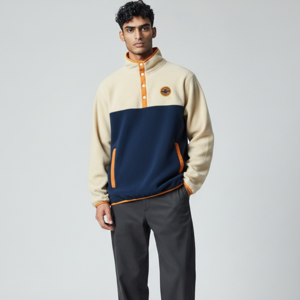 Micro-polar rétro unisexe – homme avec Polar Retro Beige et Bleu Marine