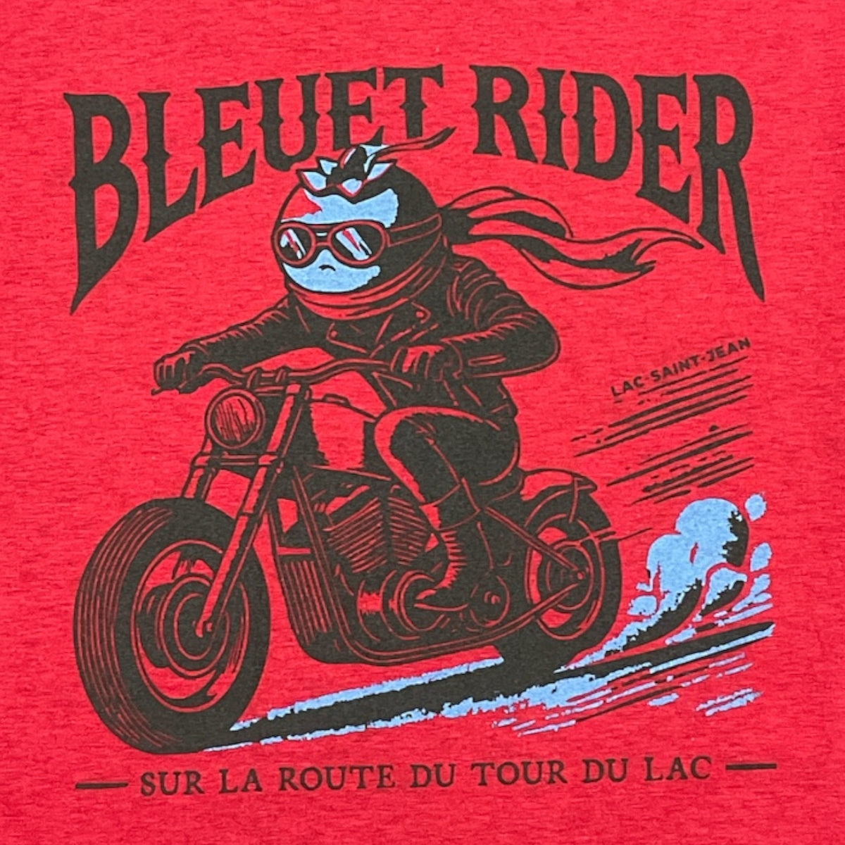 T-shirt unisexe Bleuet Rider – dessin visible à l'avant du T-shirt Bleuet Rider Rouge Heliconia