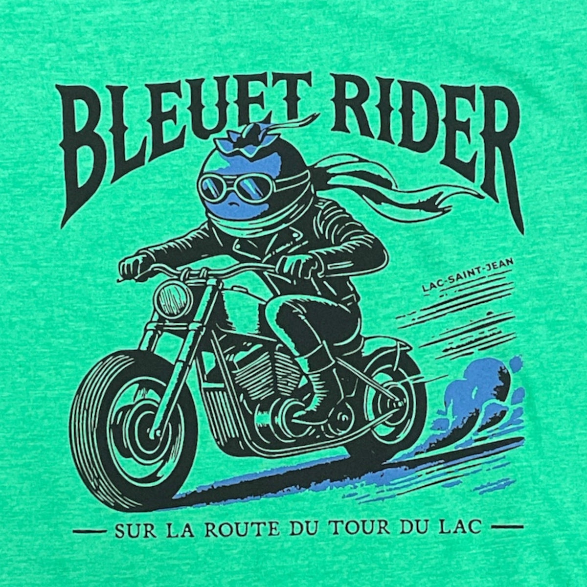 T-shirt unisexe Bleuet Rider – dessin visible à l'avant du T-shirt Bleuet Rider Vert Clair