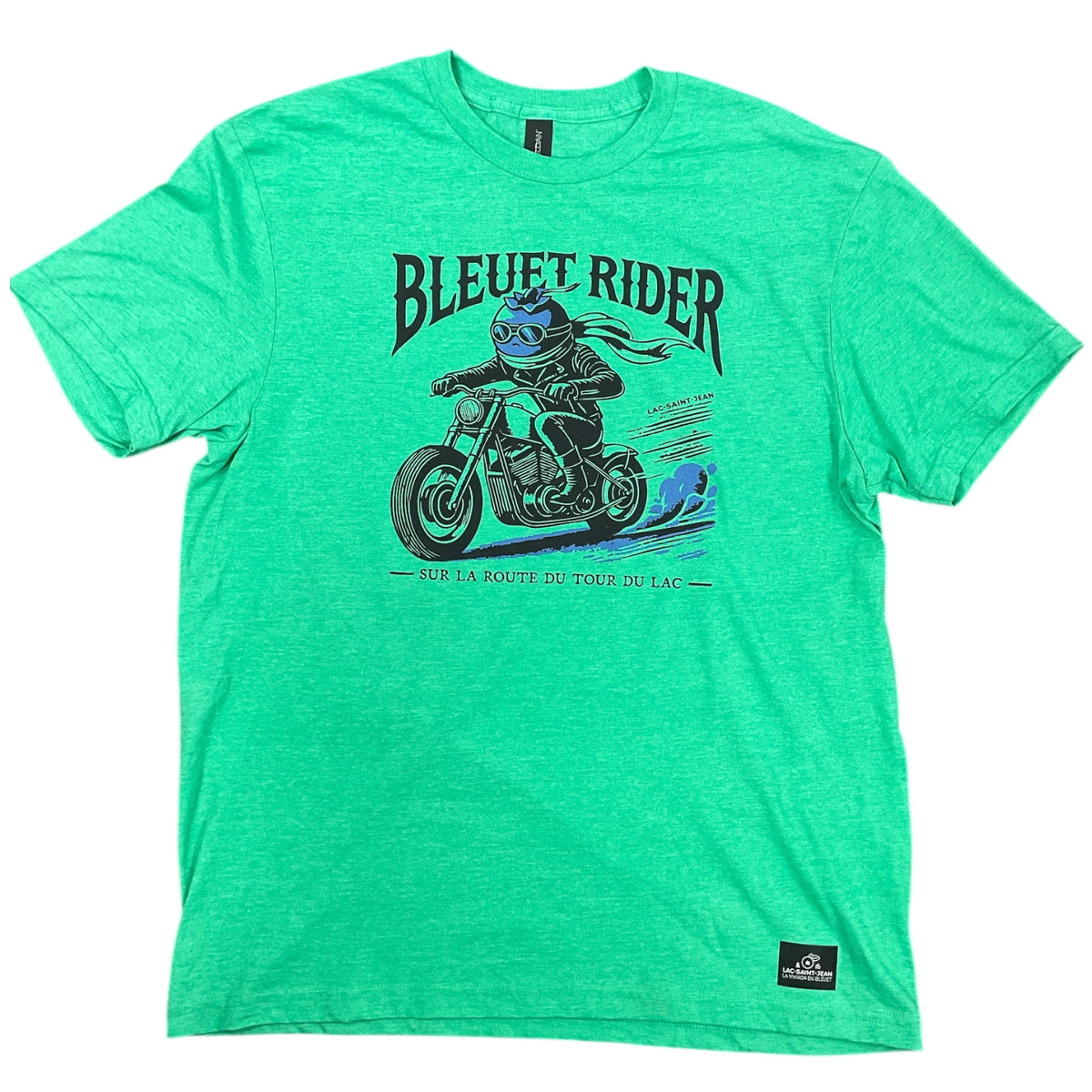 T-shirt unisexe Bleuet Rider – vert Clair avec dessin à l'avant
