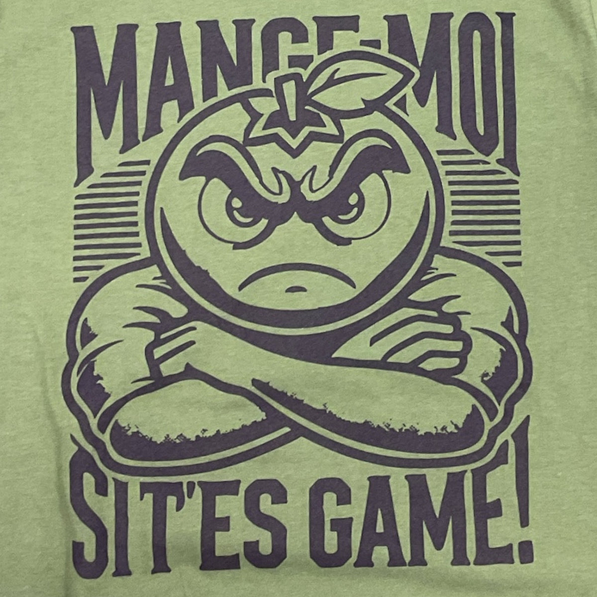 T-shirt unisexe « Mange-moi si t’es game » – dessin visible à l'avant du T-shirt Mange Moi Vert Army