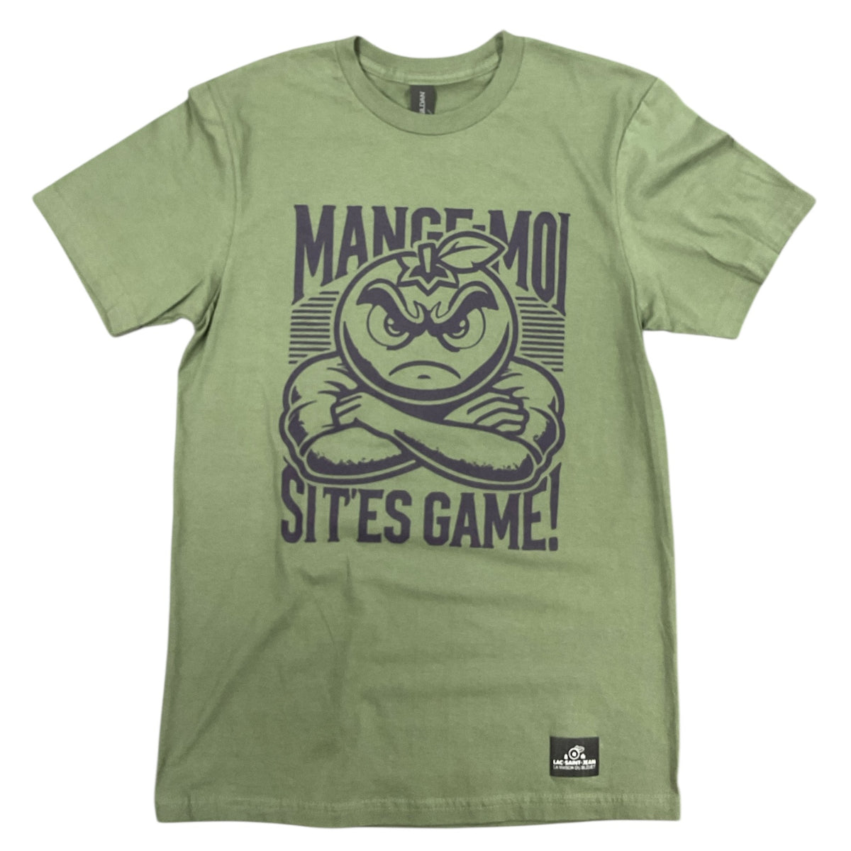 T-shirt unisexe « Mange-moi si t’es game » – vert Army avec dessin à l'avant