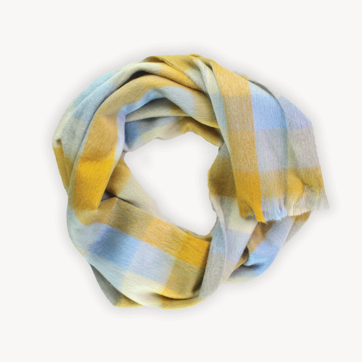 Écharpe en mélange d’alpaga – Carreaux or et bleu – Pokoloko