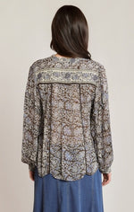 Blouse à imprimé orchidées Dex, coloris imprimé orchidées marron et bleu pâle, vue de dos