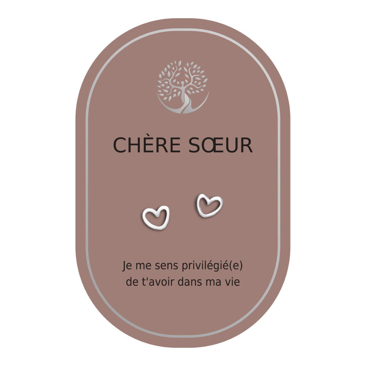 Boucles d’oreilles en cœurs argentés sur carte rose Earth Angel « Chère sœur ».