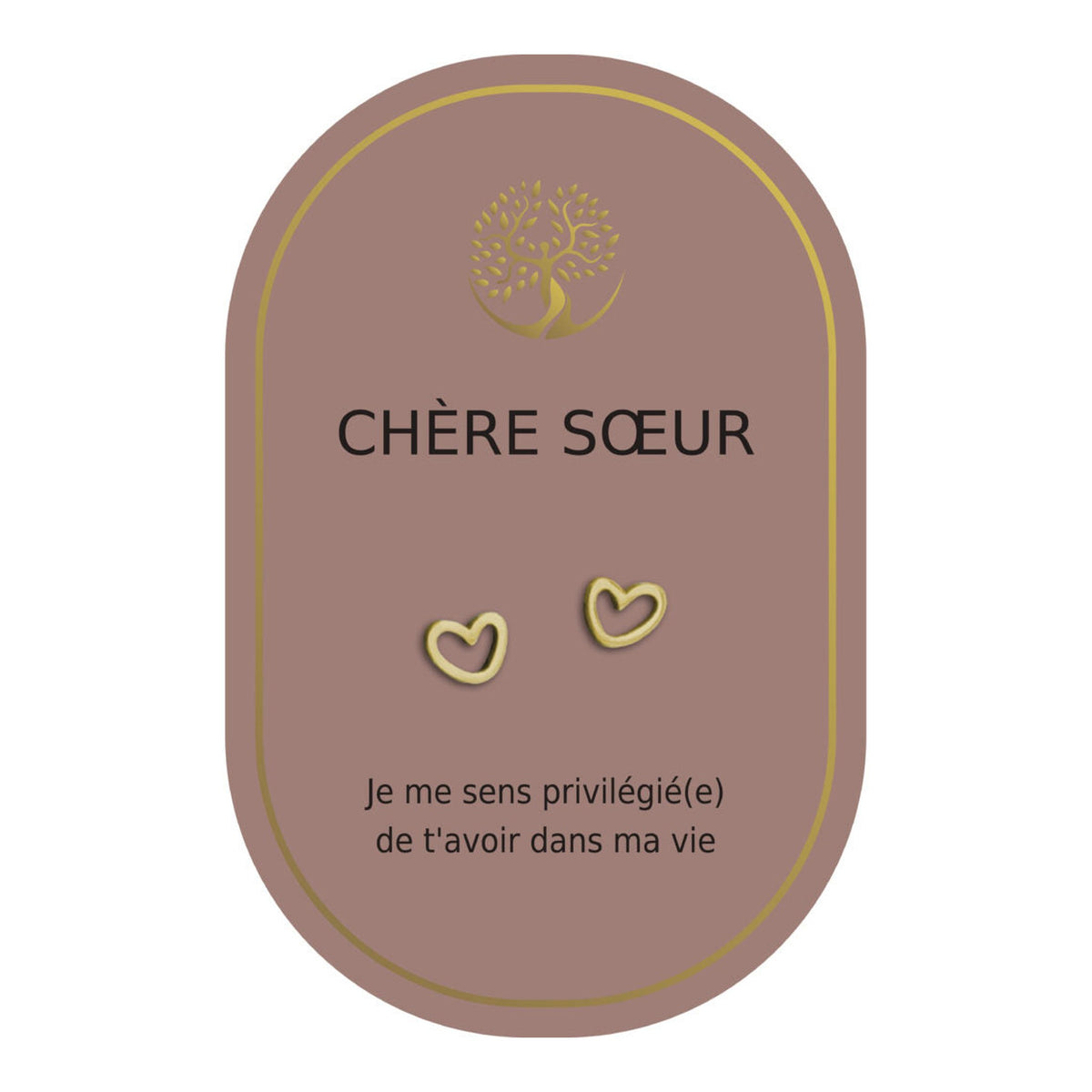 Boucles d’oreilles en cœurs dorés sur carte rose Earth Angel « Chère sœur ».