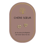 Boucles d’oreilles en cœurs dorés sur carte rose Earth Angel « Chère sœur ».