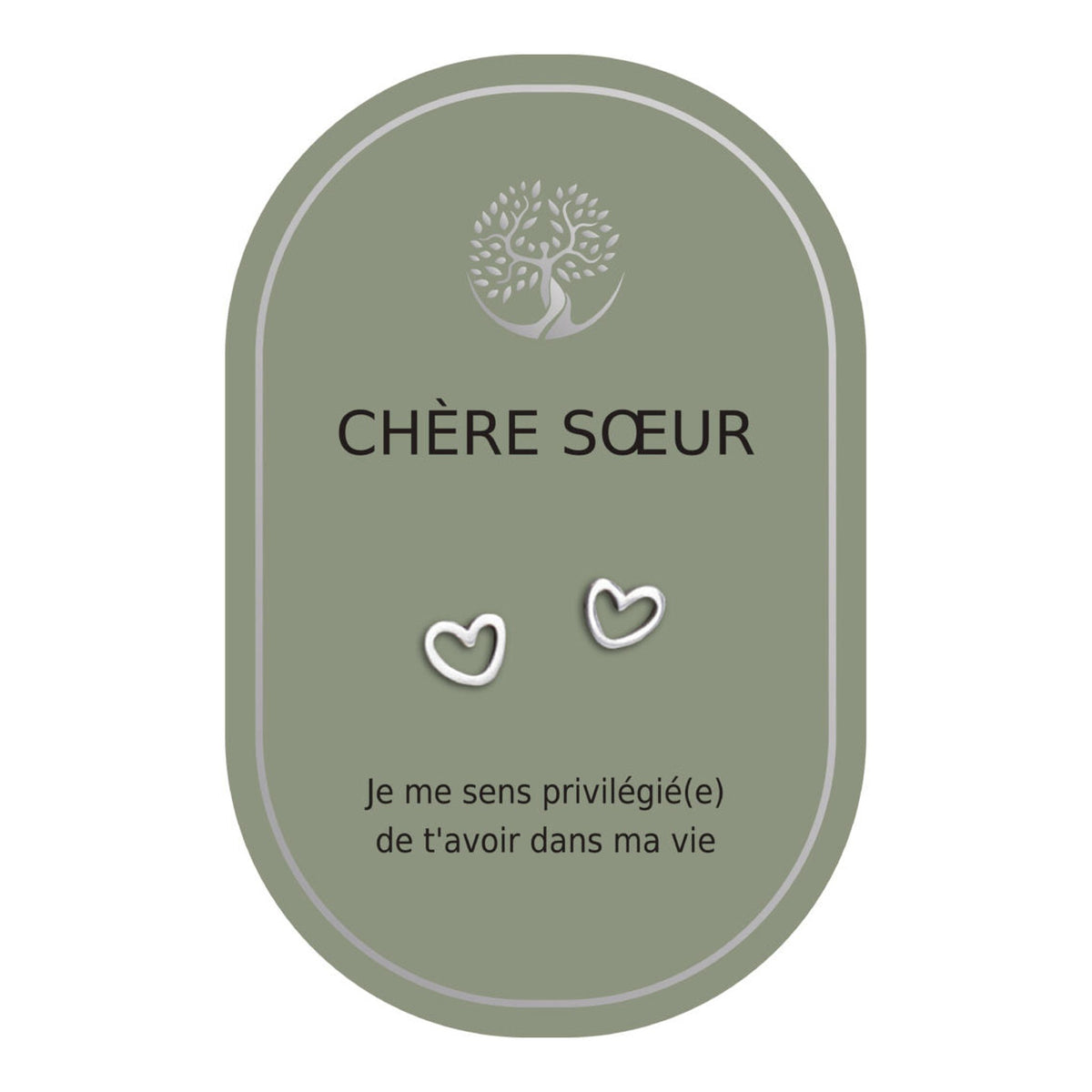 Boucles d’oreilles en cœurs argentés sur carte verte Earth Angel « Chère sœur ».