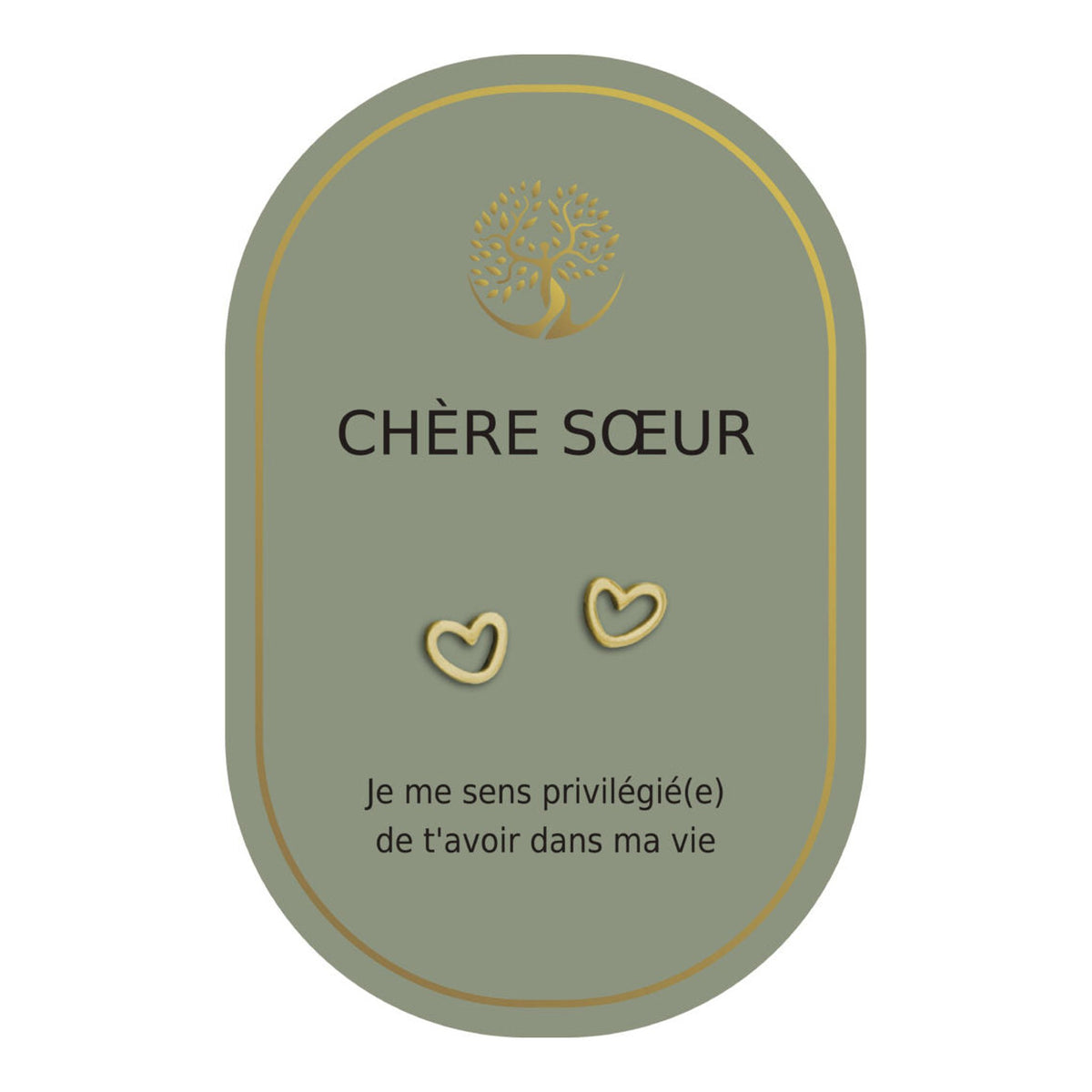 Boucles d’oreilles en cœurs dorés sur carte verte Earth Angel « Chère sœur ».