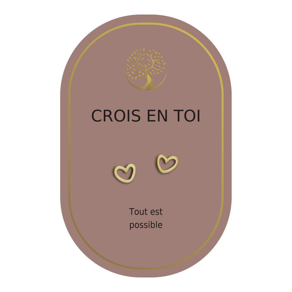 Boucles d’oreilles en cœurs dorés sur carte rose Earth Angel « Crois en toi ».