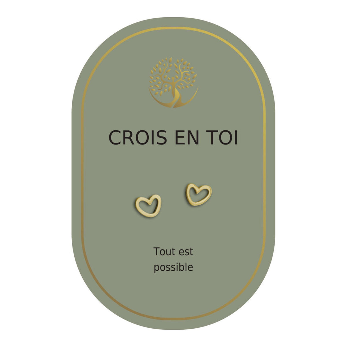 Boucles d’oreilles en cœurs dorés sur carte verte Earth Angel « Crois en toi ».