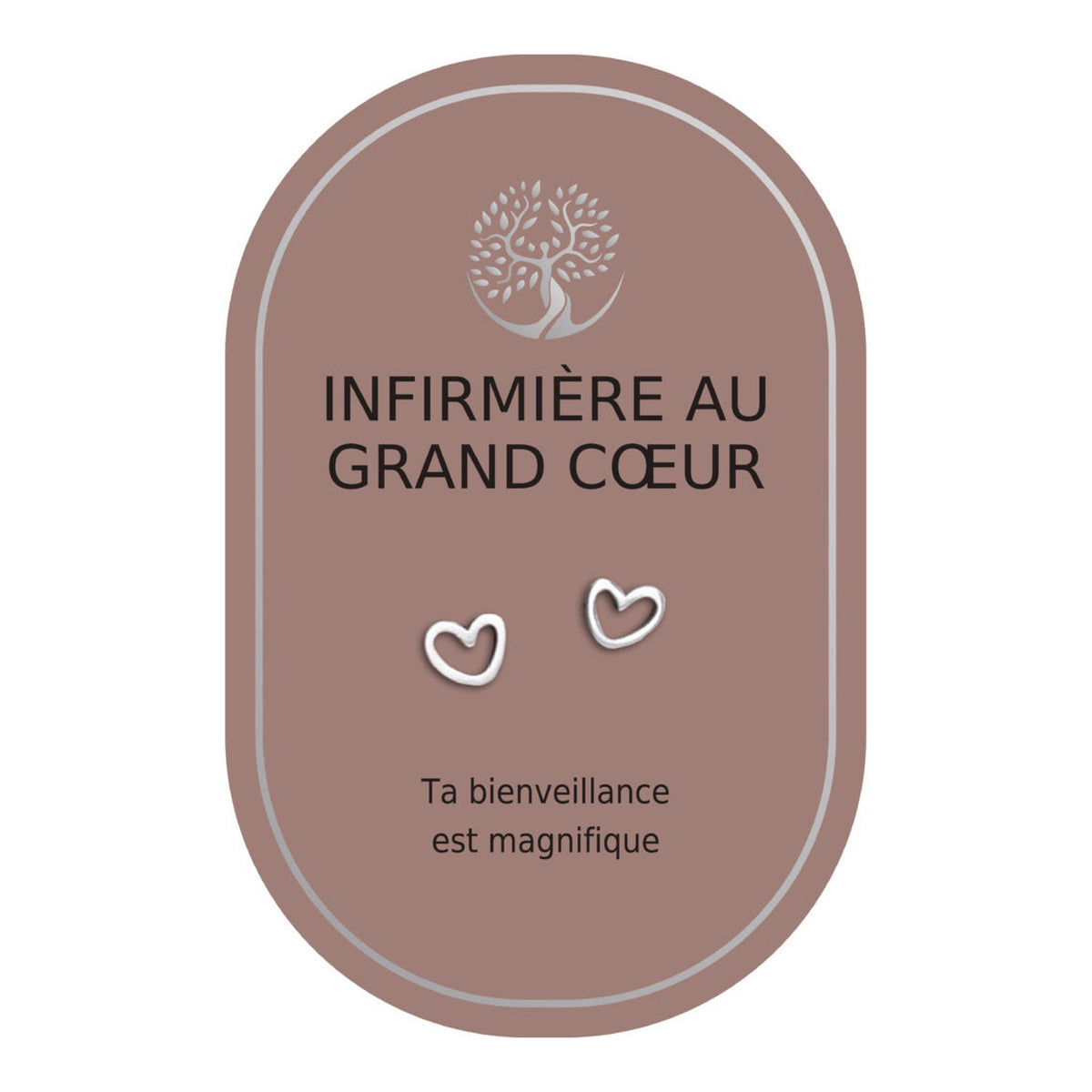 Boucles d’oreilles en cœurs argentés sur carte rose Earth Angel « Infirmière au grand cœur ».