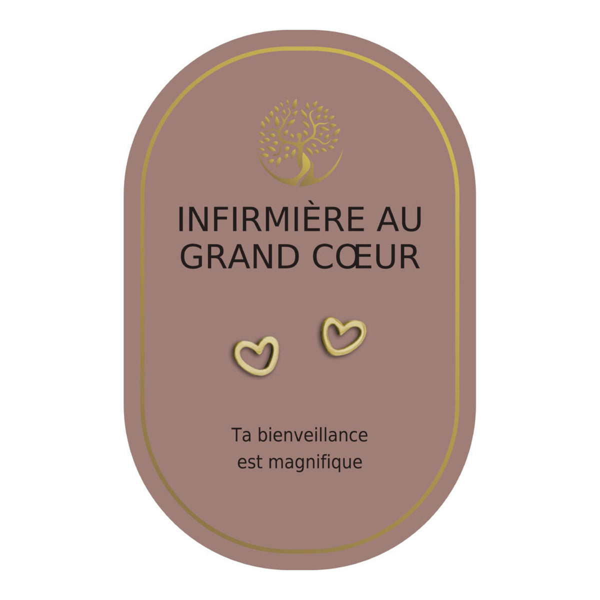 Boucles d’oreilles en cœurs dorés sur carte rose Earth Angel « Infirmière au grand cœur ».