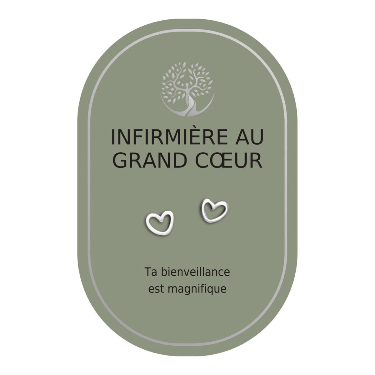 Boucles d’oreilles en cœurs argentés sur carte verte Earth Angel « Infirmière au grand cœur ».