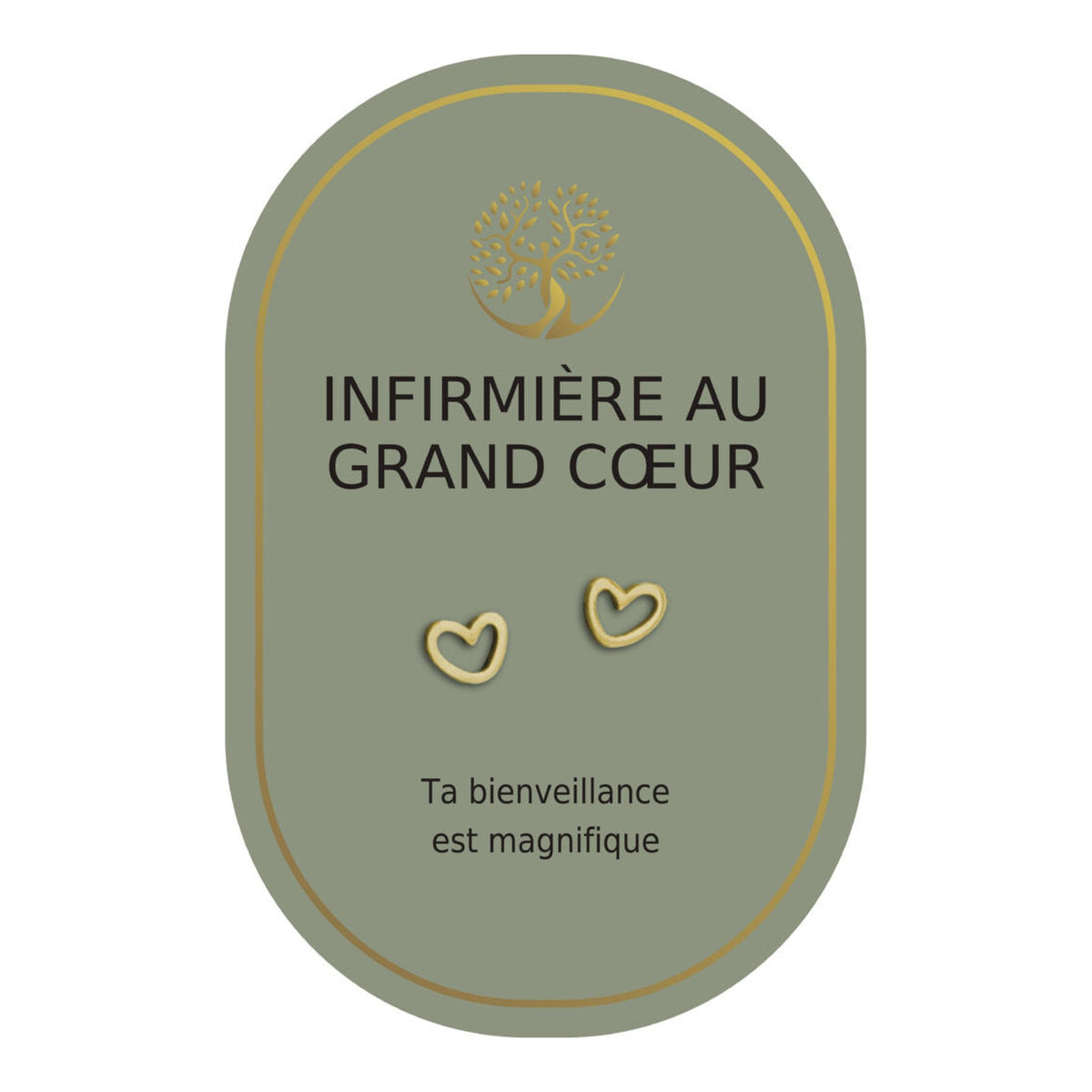 Boucles d’oreilles en cœurs dorés sur carte verte Earth Angel « Infirmière au grand cœur ».