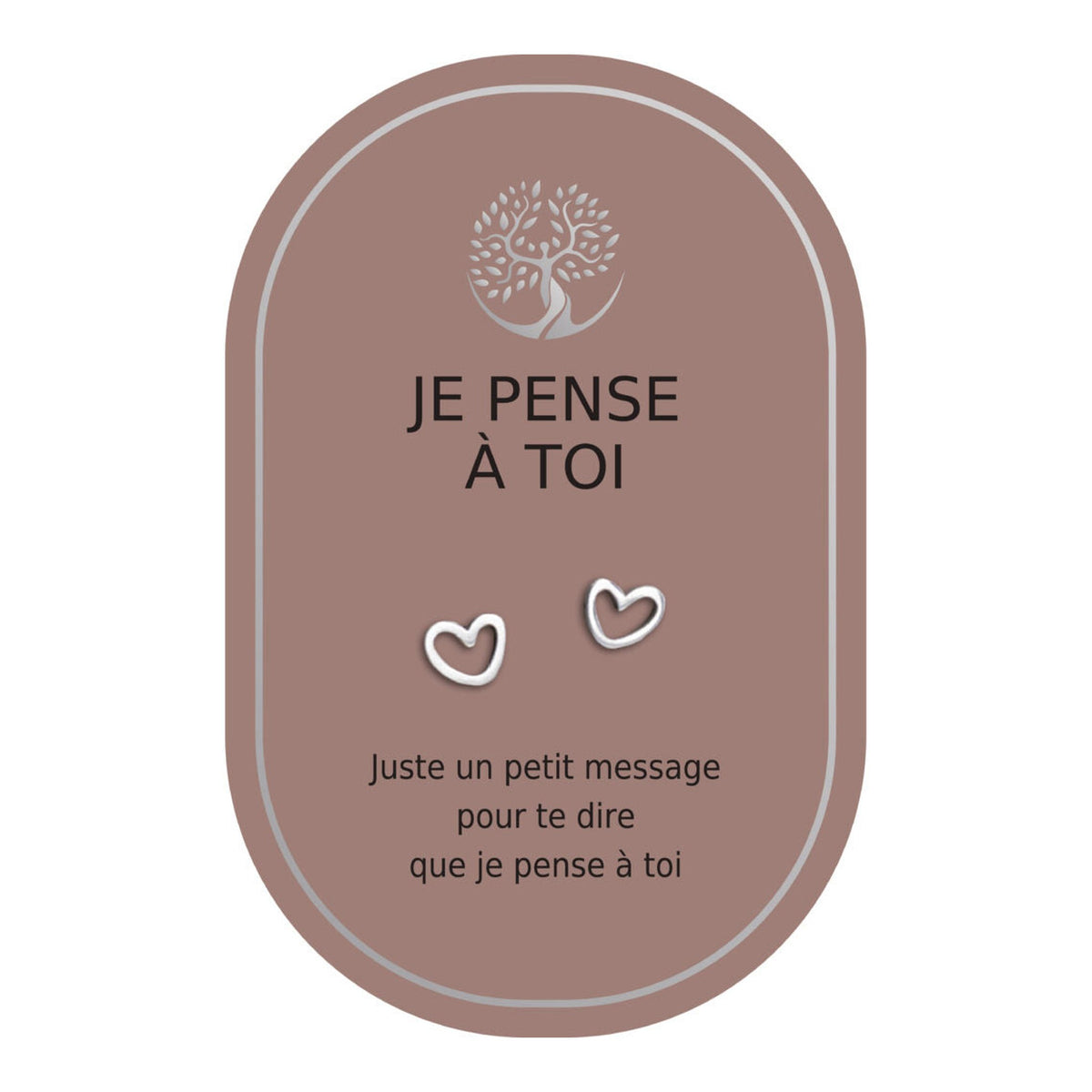 Boucles d’oreilles en cœurs argentés sur carte rose Earth Angel « Je pense à toi ».