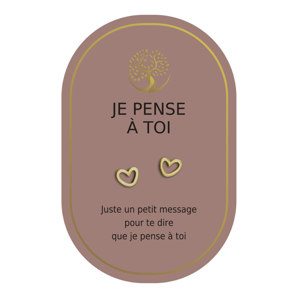 Boucles d’oreilles en cœurs dorés sur carte rose Earth Angel « Je pense à toi ».