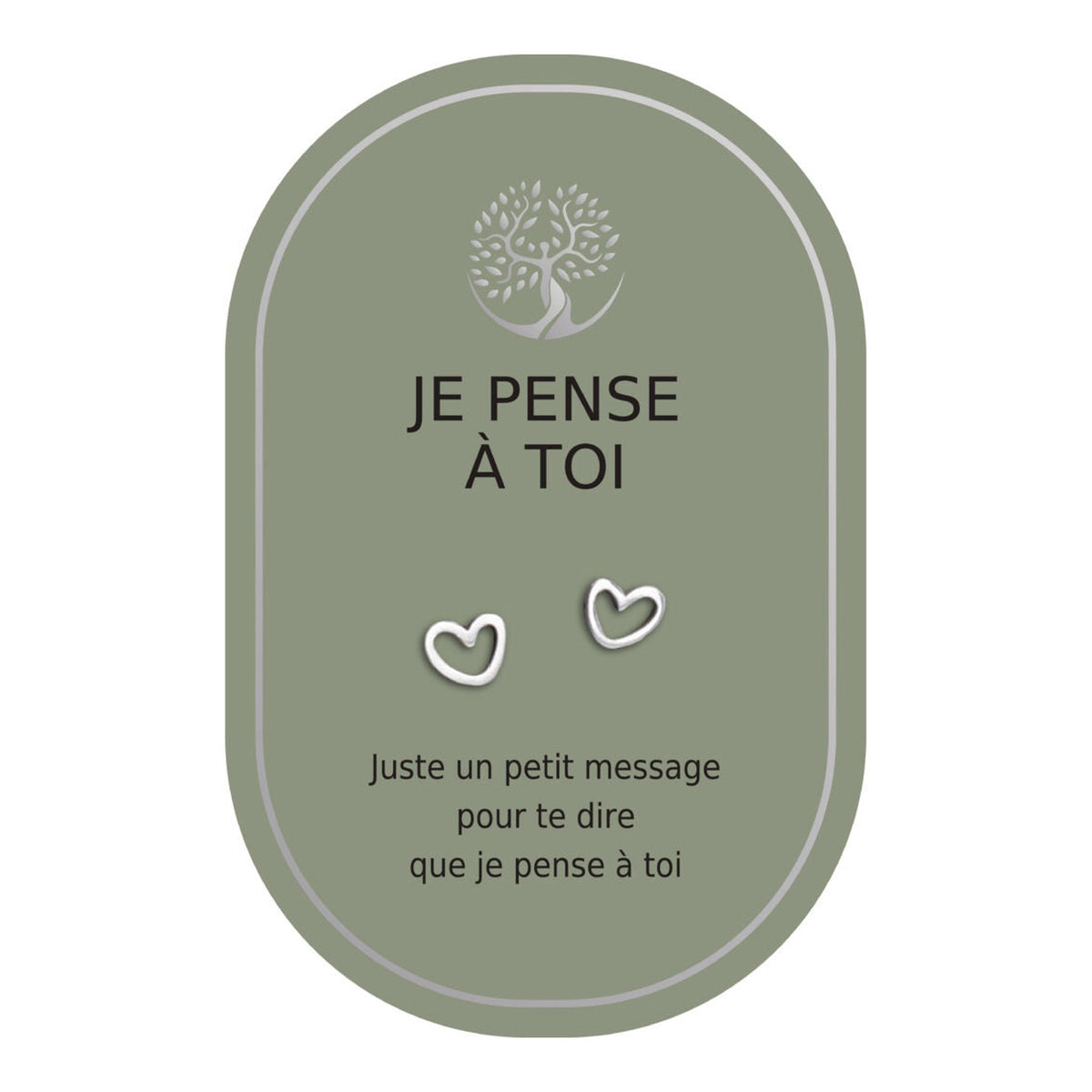 Boucles d’oreilles en cœurs argentés sur carte verte Earth Angel « Je pense à toi ».
