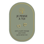 Boucles d’oreilles en cœurs dorés sur carte verte Earth Angel « Je pense à toi ».
